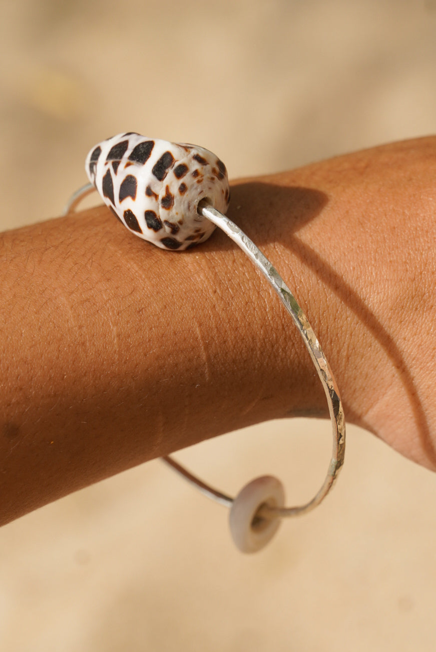 Hebrew Cone & Puka Shell Hammered Sterling Silver Bangle