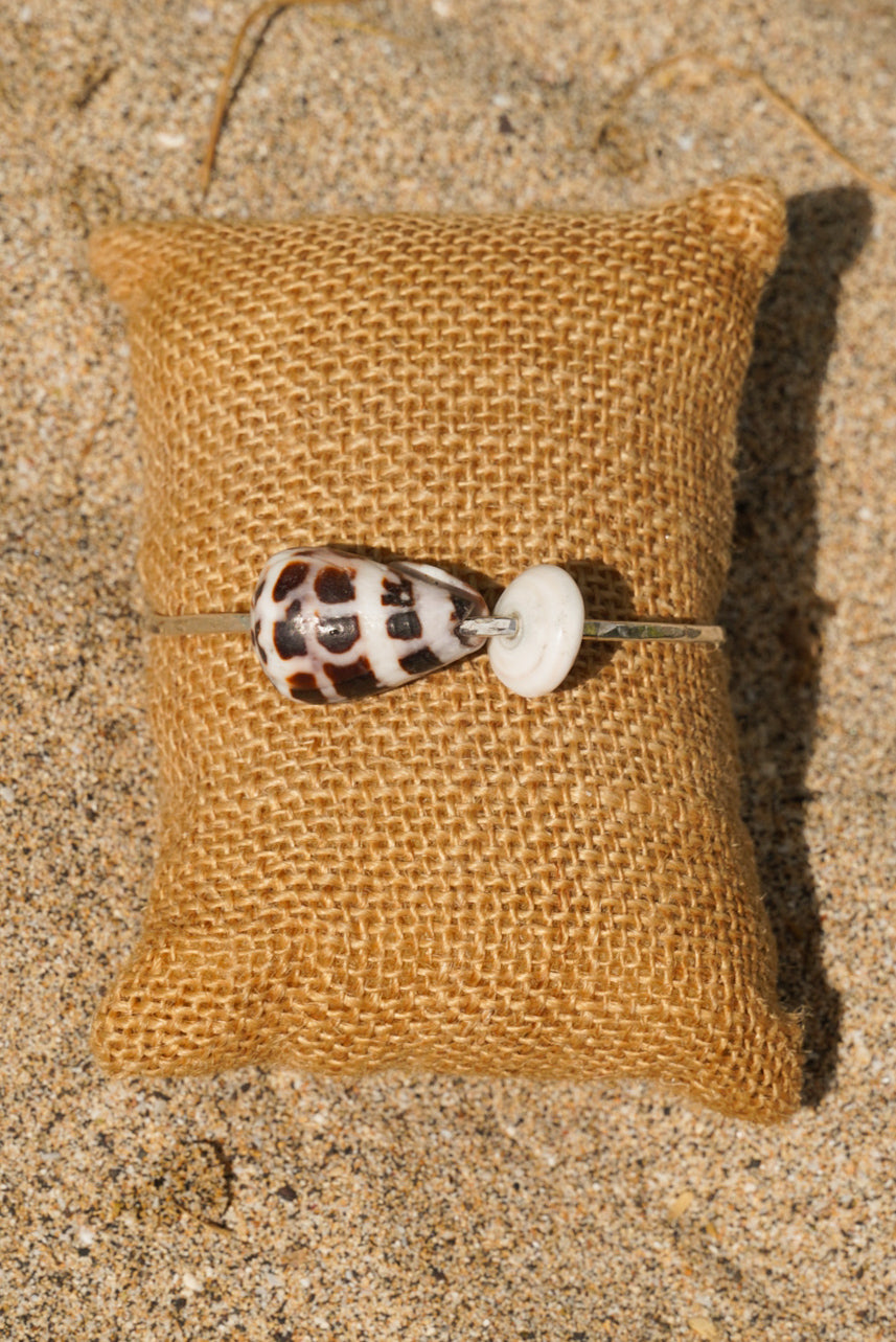 Hebrew Cone & Puka Shell Hammered Sterling Silver Bangle